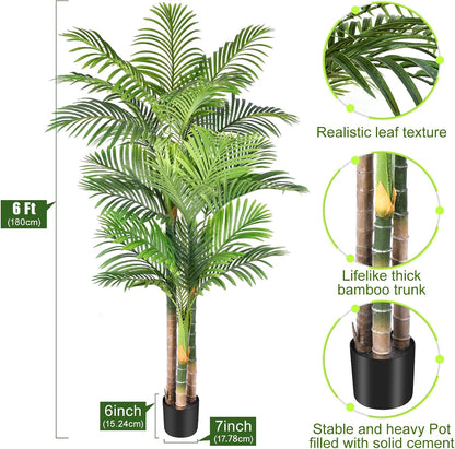 6ft Tall Triple Golden Cane Palm Artificial Tree 72inch Large Tropical Palm Tree UV Resistant Fake Plant in Pot for Indoor Outdoor Big House Living Room Outside Patio Office Home Decor 2Pack