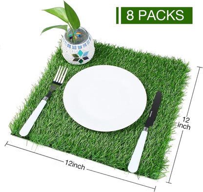 8 Pack Artificial Grass Square Mats, 12"x12" Fake Grass Placemats to Match Table Runner for Golf Football Summer Party Table Centerpiece, Turf Patch for Crafts