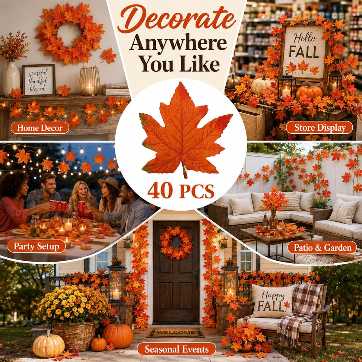 40PCS Artificial Fall Maple Leaves - Thanksgiving Decorations