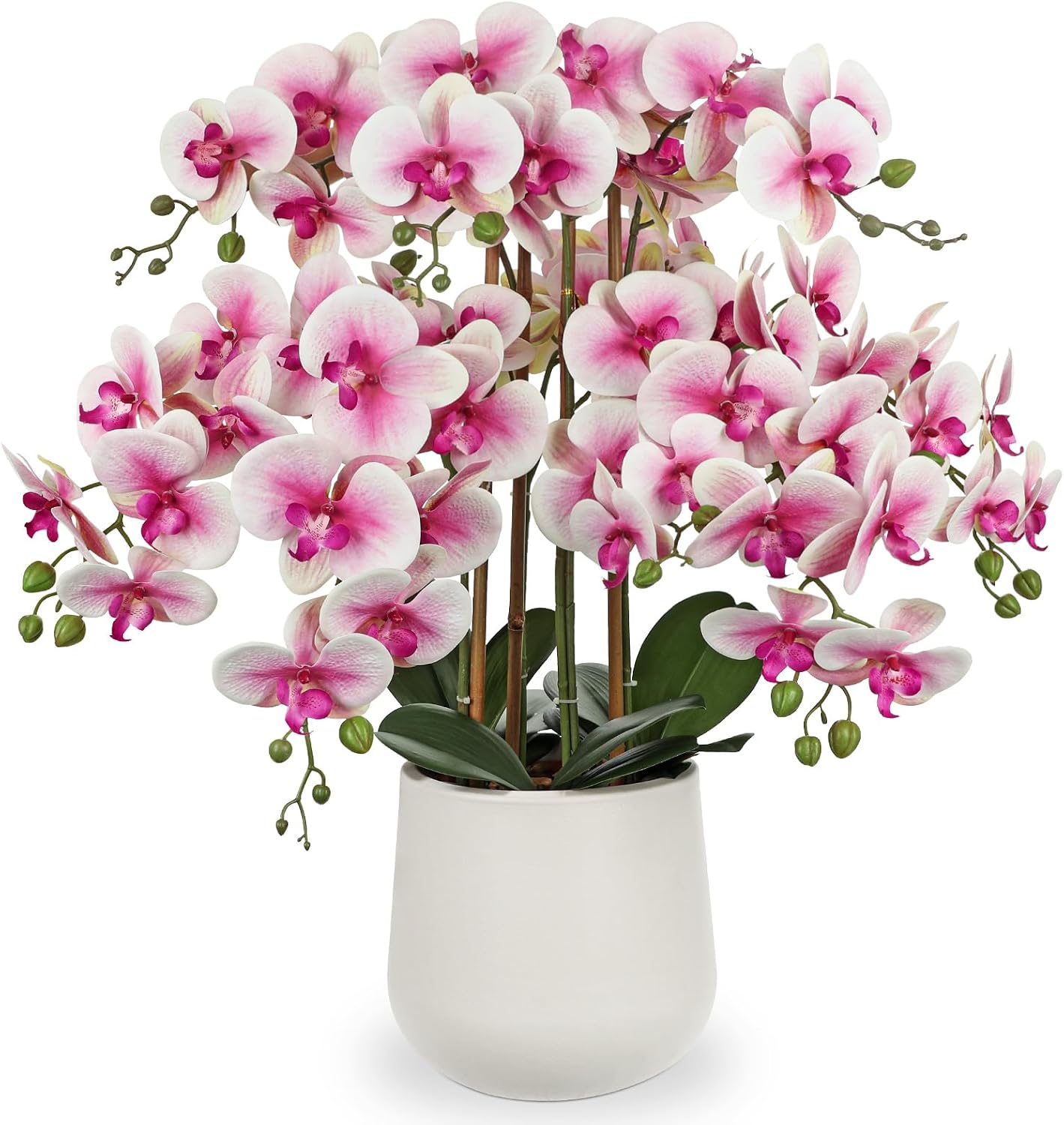 Extra Large White Orchid Artificial Flowers in Cream Resin Pot, 29.5in Lifelike Silk Orchid Arrangement Faux Phalaenopsis Plant for Home Entryway Dining Room Console Table Office Lobby Decor