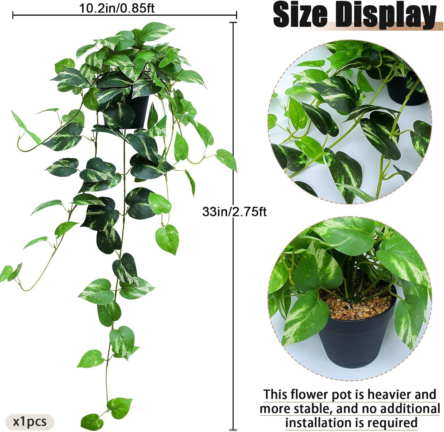 Fake English Ivy Artificial Plants - 33" Set of 2 Realistic Artificial Silk Ivy Vines with Pots, Faux Plants Indoor Home Decor, Low Maintenance Hanging Plant Decoration