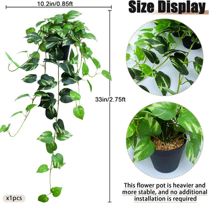 Fake English Ivy Artificial Plants - 33" Set of 2 Realistic Artificial Silk Ivy Vines with Pots, Faux Plants Indoor Home Decor, Low Maintenance Hanging Plant Decoration
