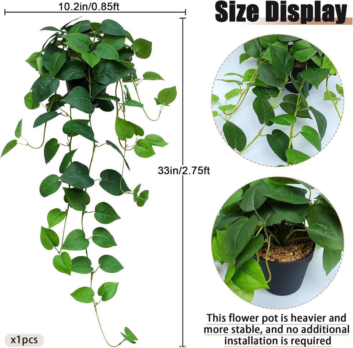 Fake English Ivy Artificial Plants - 33" Set of 2 Realistic Artificial Silk Ivy Vines with Pots, Faux Plants Indoor Home Decor, Low Maintenance Hanging Plant Decoration