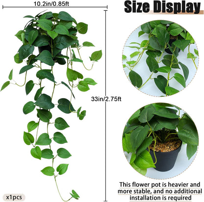 Fake English Ivy Artificial Plants - 33" Set of 2 Realistic Artificial Silk Ivy Vines with Pots, Faux Plants Indoor Home Decor, Low Maintenance Hanging Plant Decoration