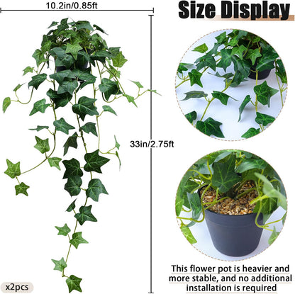 Fake English Ivy Artificial Plants - 33" Set of 2 Realistic Artificial Silk Ivy Vines with Pots, Faux Plants Indoor Home Decor, Low Maintenance Hanging Plant Decoration