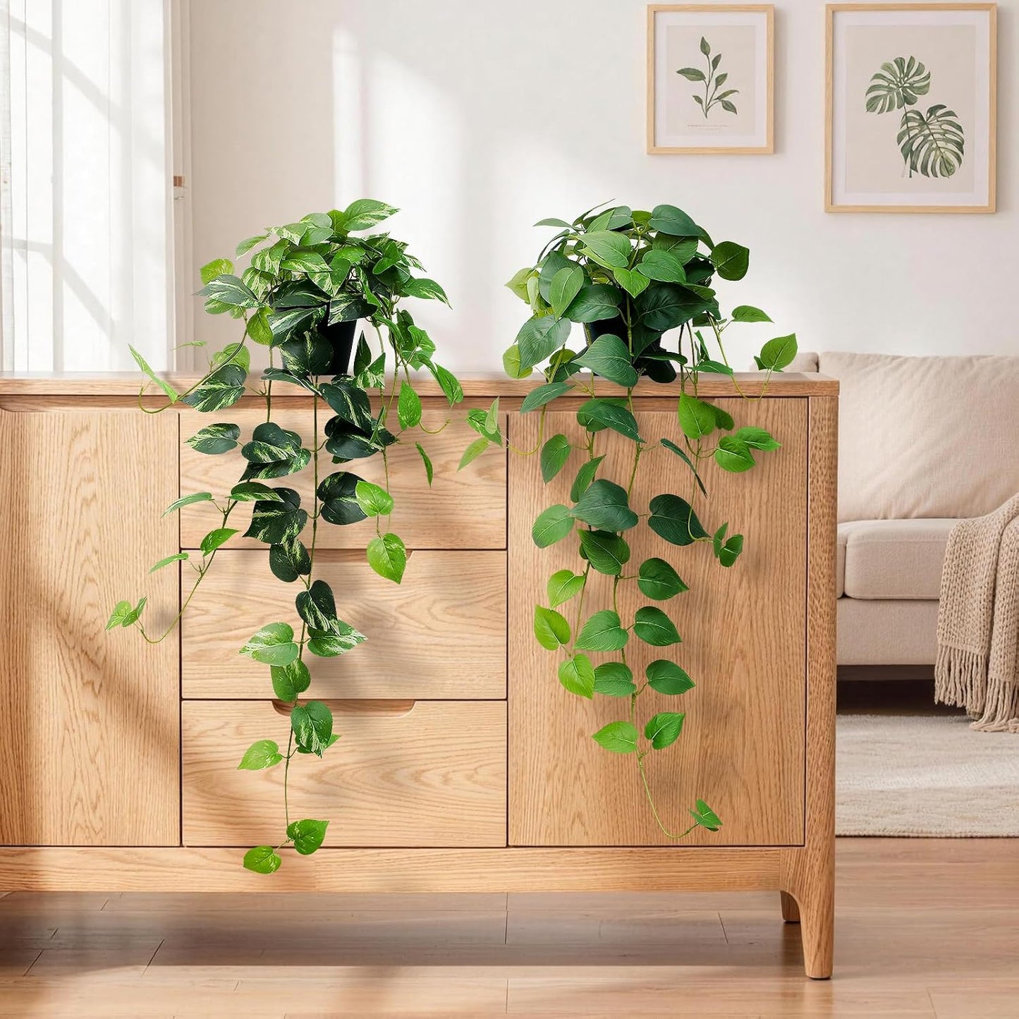 Fake English Ivy Artificial Plants - 33" Set of 2 Realistic Artificial Silk Ivy Vines with Pots, Faux Plants Indoor Home Decor, Low Maintenance Hanging Plant Decoration