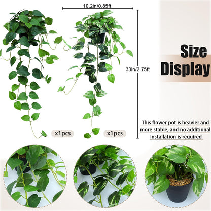 Fake English Ivy Artificial Plants - 33" Set of 2 Realistic Artificial Silk Ivy Vines with Pots, Faux Plants Indoor Home Decor, Low Maintenance Hanging Plant Decoration