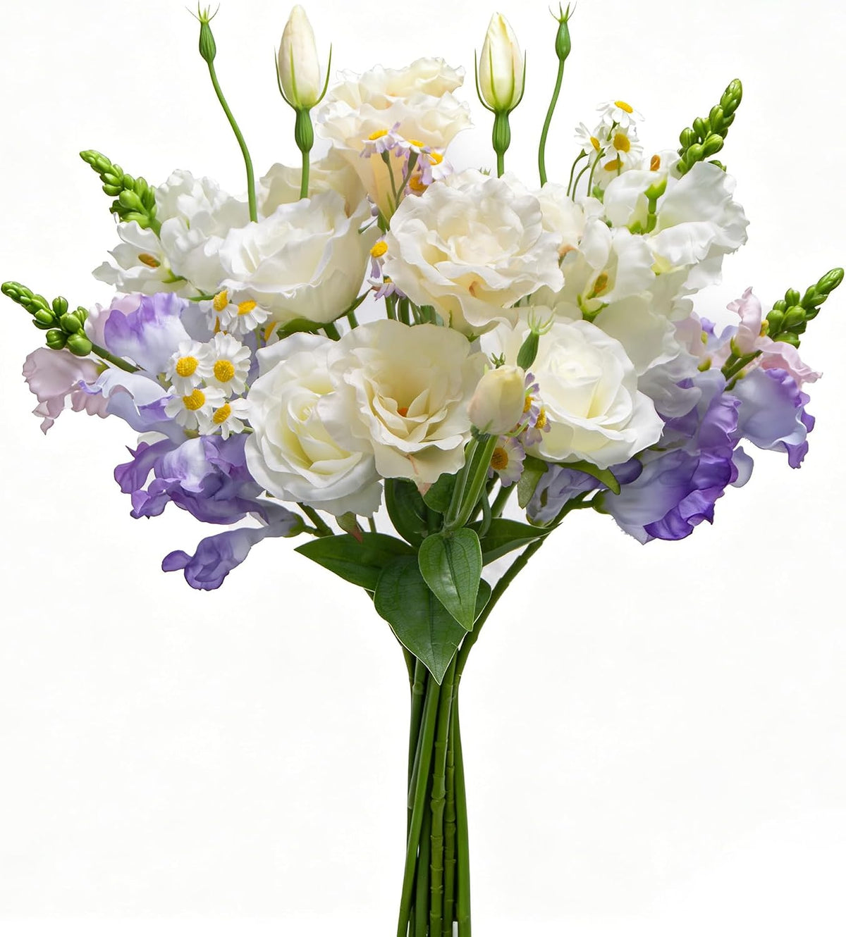 15-Stems Curated Artificial Flower Set, 17.5" Faux Silk White Lisianthus & Rose, Long Stem Fake Flowers, Decorative Floral Centerpieces for Dining Table, Wedding Centerpieces (Vase Not Included)
