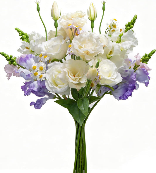 15-Stems Curated Artificial Flower Set, 17.5" Faux Silk White Lisianthus & Rose, Long Stem Fake Flowers, Decorative Floral Centerpieces for Dining Table, Wedding Centerpieces (Vase Not Included)