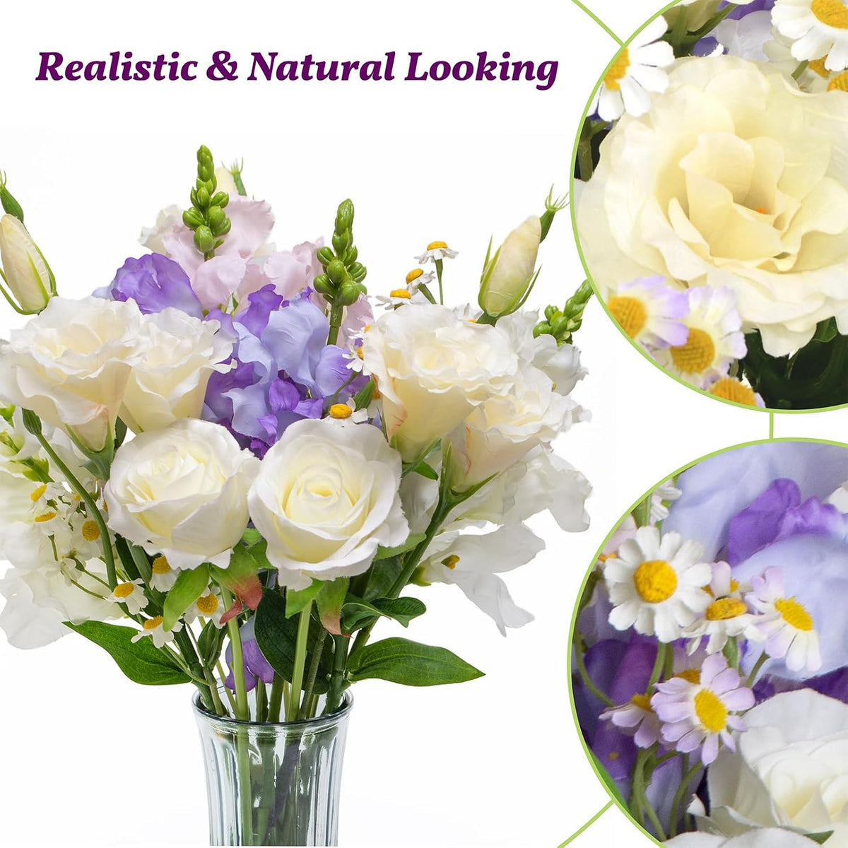 15-Stems Curated Artificial Flower Set, 17.5" Faux Silk White Lisianthus & Rose, Long Stem Fake Flowers, Decorative Floral Centerpieces for Dining Table, Wedding Centerpieces (Vase Not Included)
