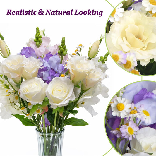 15-Stems Curated Artificial Flower Set, 17.5" Faux Silk White Lisianthus & Rose, Long Stem Fake Flowers, Decorative Floral Centerpieces for Dining Table, Wedding Centerpieces (Vase Not Included)