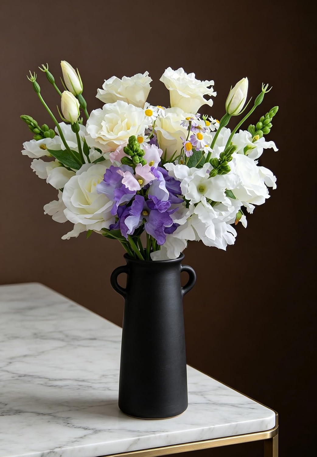 15-Stems Curated Artificial Flower Set, 17.5" Faux Silk White Lisianthus & Rose, Long Stem Fake Flowers, Decorative Floral Centerpieces for Dining Table, Wedding Centerpieces (Vase Not Included)