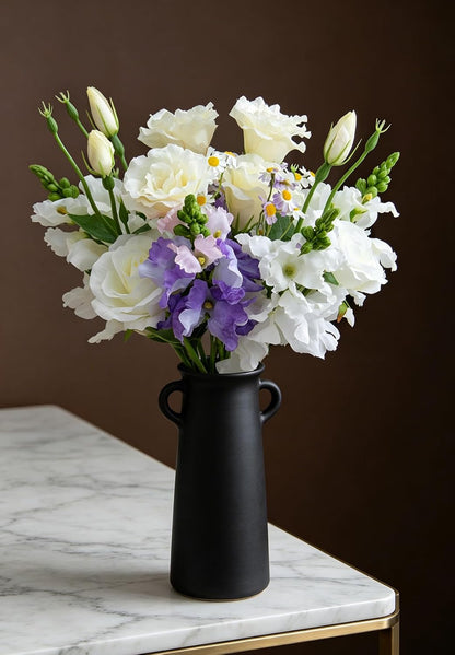 15-Stems Curated Artificial Flower Set, 17.5" Faux Silk White Lisianthus & Rose, Long Stem Fake Flowers, Decorative Floral Centerpieces for Dining Table, Wedding Centerpieces (Vase Not Included)