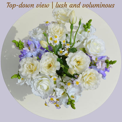 15-Stems Curated Artificial Flower Set, 17.5" Faux Silk White Lisianthus & Rose, Long Stem Fake Flowers, Decorative Floral Centerpieces for Dining Table, Wedding Centerpieces (Vase Not Included)