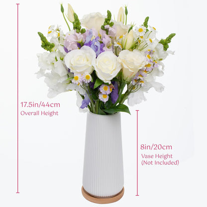 15-Stems Curated Artificial Flower Set, 17.5" Faux Silk White Lisianthus & Rose, Long Stem Fake Flowers, Decorative Floral Centerpieces for Dining Table, Wedding Centerpieces (Vase Not Included)