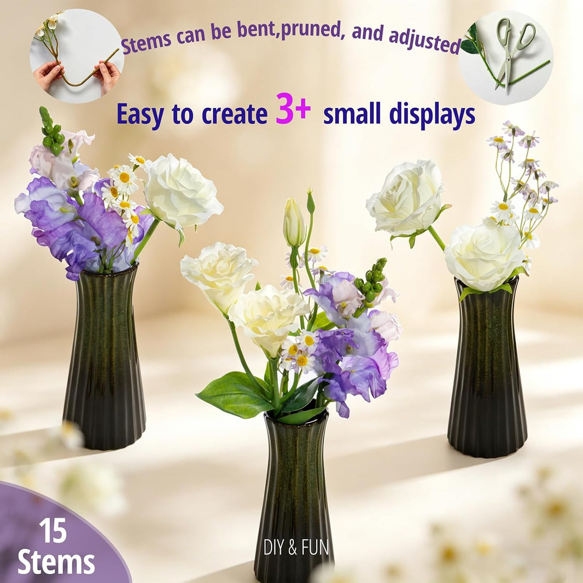 15-Stems Curated Artificial Flower Set, 17.5" Faux Silk White Lisianthus & Rose, Long Stem Fake Flowers, Decorative Floral Centerpieces for Dining Table, Wedding Centerpieces (Vase Not Included)