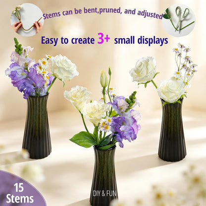15-Stems Curated Artificial Flower Set, 17.5" Faux Silk White Lisianthus & Rose, Long Stem Fake Flowers, Decorative Floral Centerpieces for Dining Table, Wedding Centerpieces (Vase Not Included)