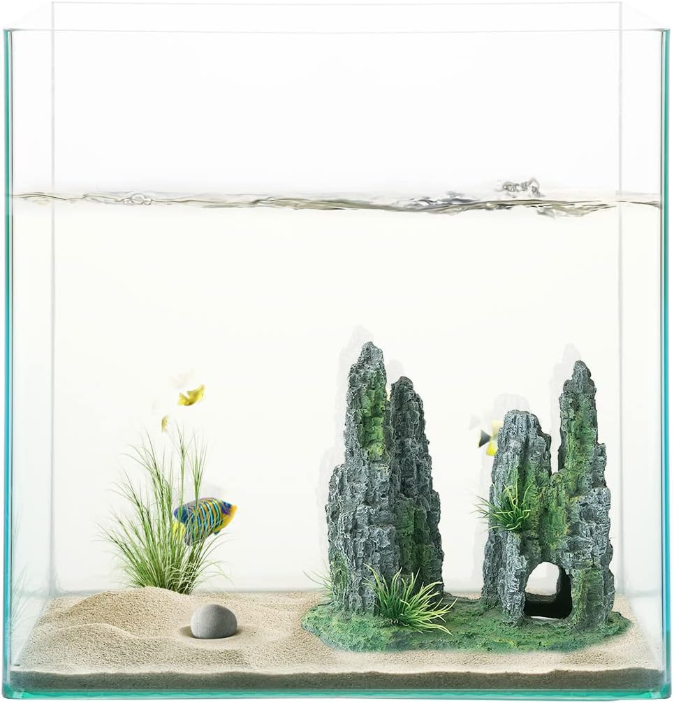 Aquarium Mountain View Stone Ornament Tree Rock Cave Landscape, Large Aquarium Ornament Rock Artificial Fish Tank Decoration