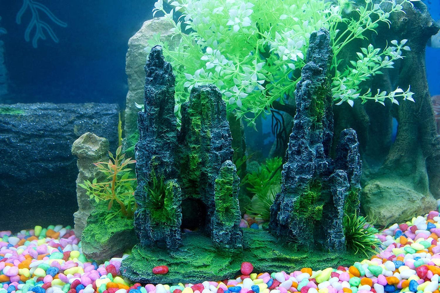 Aquarium Mountain View Stone Ornament Tree Rock Cave Landscape, Large Aquarium Ornament Rock Artificial Fish Tank Decoration