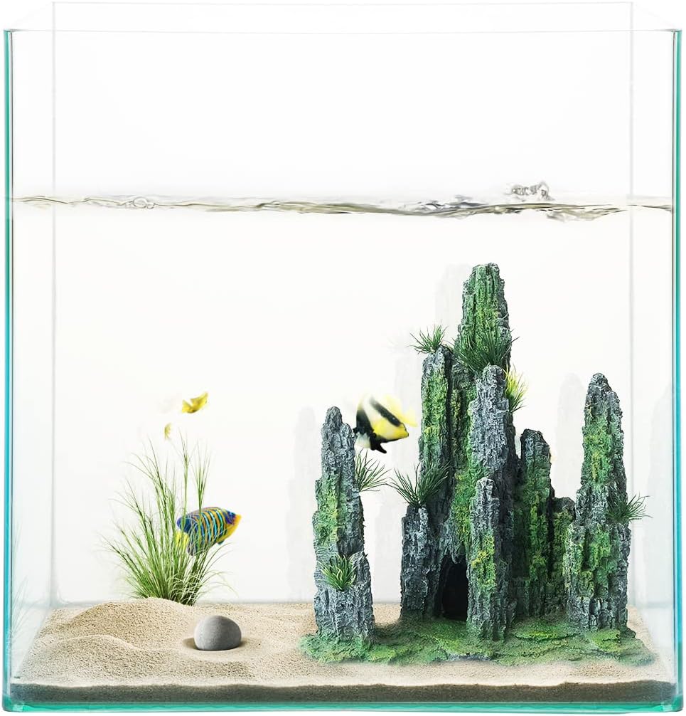 Aquarium Mountain View Stone Ornament Tree Rock Cave Landscape, Large Aquarium Ornament Rock Artificial Fish Tank Decoration
