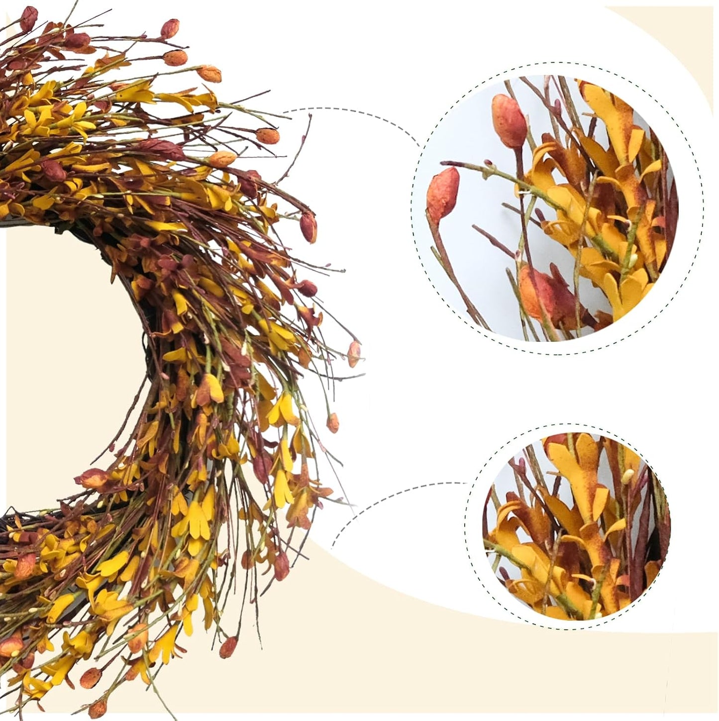 20inch Artificial Forsythia Flower Wreath, All Year Around Wreath for Front Door, Wedding Window Home Wall Indoor Front Door Decor (Yellow, 20in)