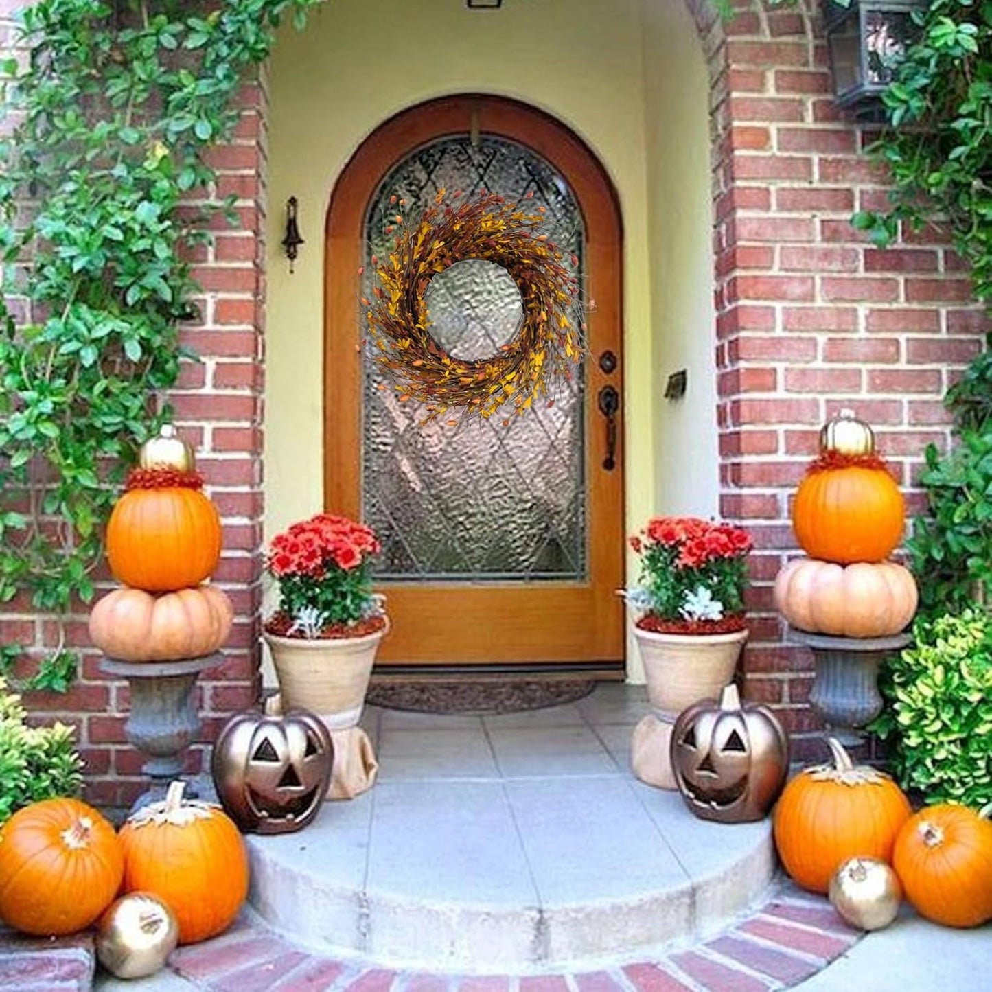 20inch Artificial Forsythia Flower Wreath, All Year Around Wreath for Front Door, Wedding Window Home Wall Indoor Front Door Decor (Yellow, 20in)