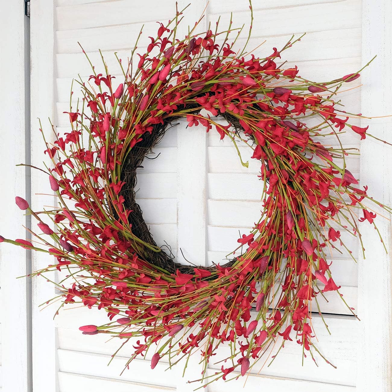 20inch Artificial Forsythia Flower Wreath, All Year Around Wreath for Front Door, Wedding Window Home Wall Indoor Front Door Decor (Yellow, 20in)