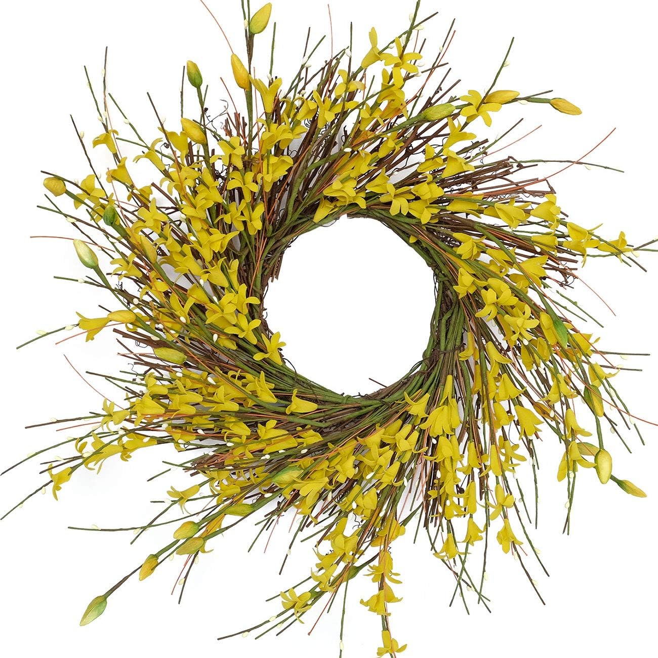 20inch Artificial Forsythia Flower Wreath, All Year Around Wreath for Front Door, Wedding Window Home Wall Indoor Front Door Decor (Yellow, 20in)