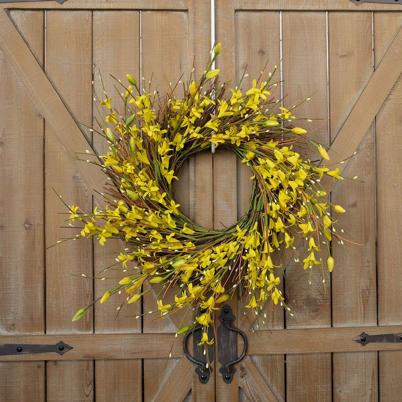20inch Artificial Forsythia Flower Wreath, All Year Around Wreath for Front Door, Wedding Window Home Wall Indoor Front Door Decor (Yellow, 20in)