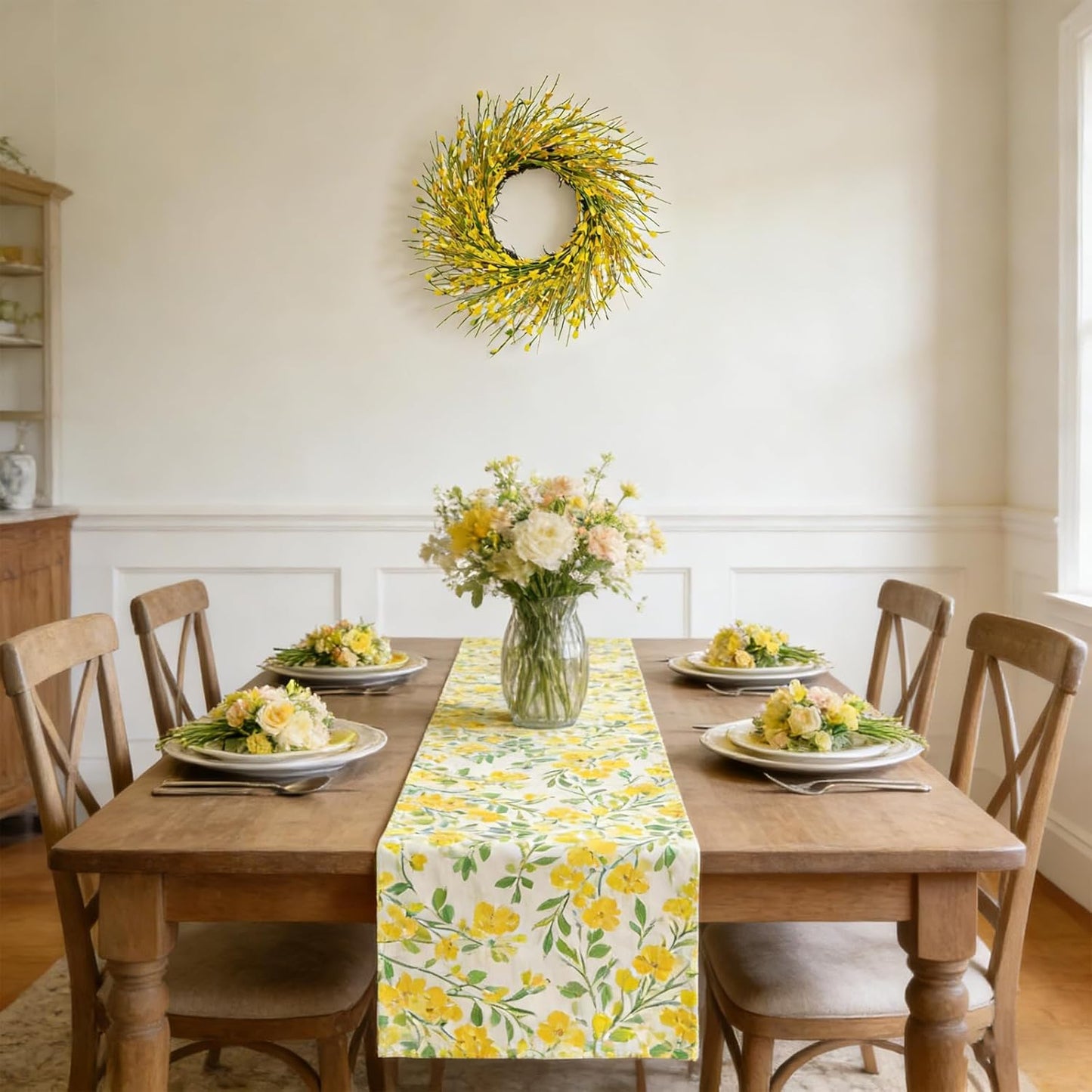 20inch Artificial Forsythia Flower Wreath, All Year Around Wreath for Front Door, Wedding Window Home Wall Indoor Front Door Decor (Yellow, 20in)