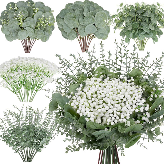 200 Pcs 5 Kinds Mixed Artificial Eucalyptus Leaves Stems Bulk Babys Breath Eucalyptus Bundle Faux Plants Greenery for DIY Bouquets Floral Arrangement Wedding Engagement Party Decor
