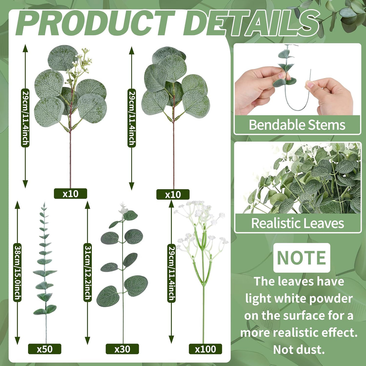 200 Pcs 5 Kinds Mixed Artificial Eucalyptus Leaves Stems Bulk Babys Breath Eucalyptus Bundle Faux Plants Greenery for DIY Bouquets Floral Arrangement Wedding Engagement Party Decor