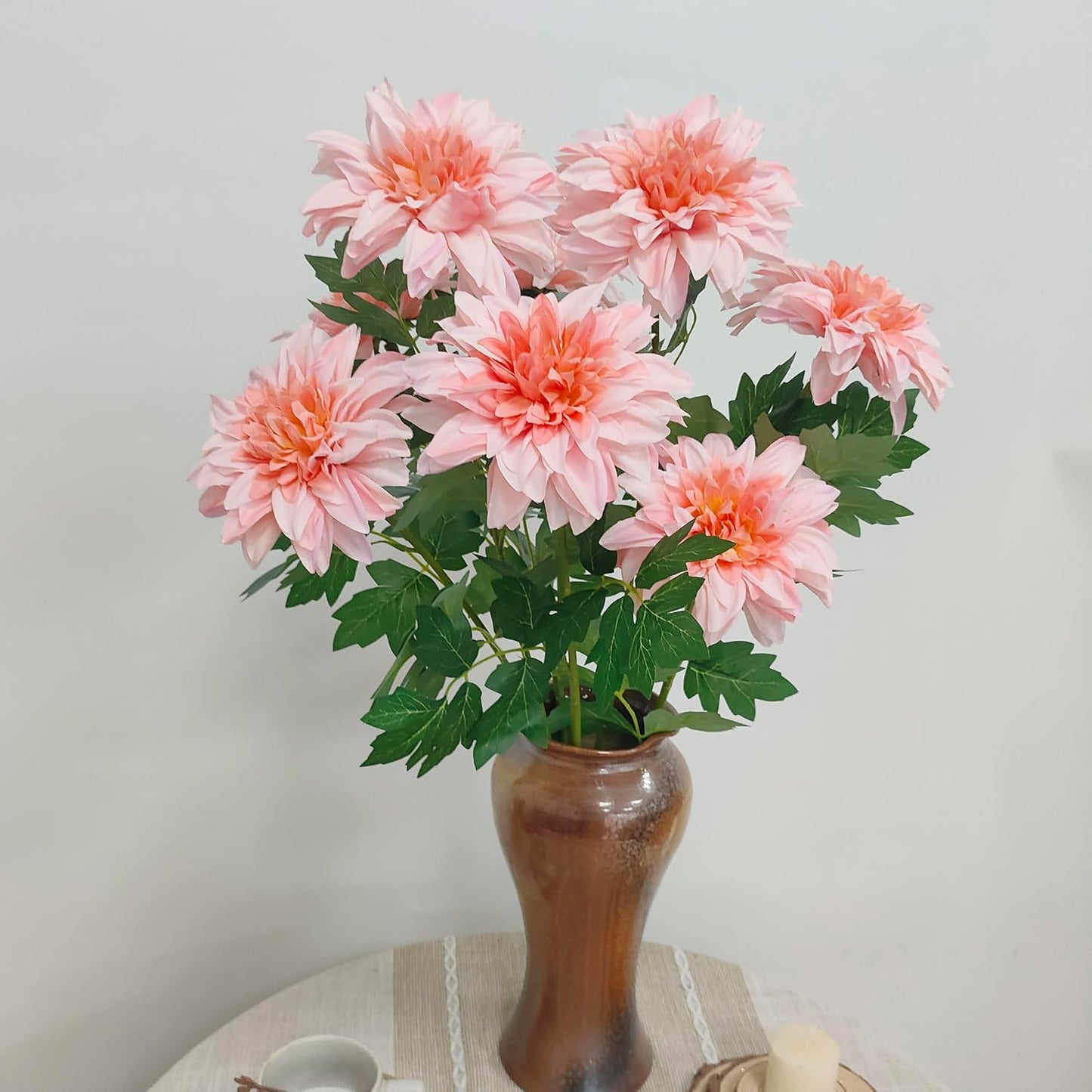 8Pcs Purple Pink Dahlia Artificial Flowers, 25" Fake Silk Dahlia Flower Bouquets for DIY Wedding Centerpieces Arrangements Bridal Shower Party Home Decorations（with Luxuriant Foliage）