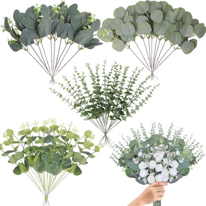 Eucalyptus Stems Bulk 30 Pcs, 4 Kinds Mixed Artificial Silver Dollar Eucalyptus Leaves Bundle Faux Greenery Branches for Wedding Vase Bouquet Floral Arrangement Centerpiece Home Decor