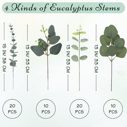 Eucalyptus Stems Bulk 30 Pcs, 4 Kinds Mixed Artificial Silver Dollar Eucalyptus Leaves Bundle Faux Greenery Branches for Wedding Vase Bouquet Floral Arrangement Centerpiece Home Decor