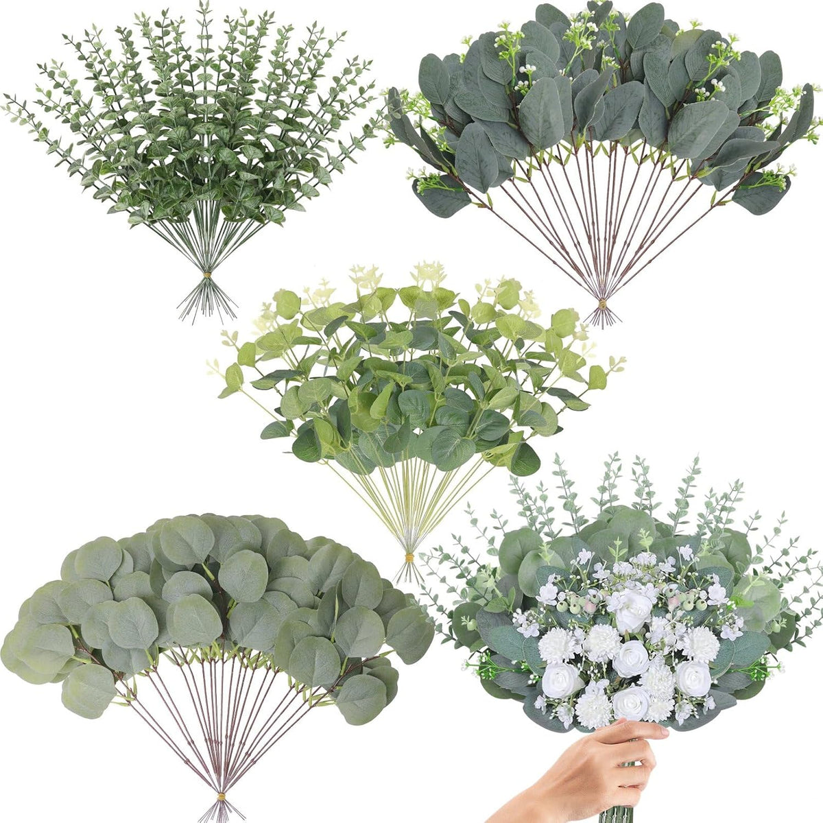 Eucalyptus Stems Bulk 30 Pcs, 4 Kinds Mixed Artificial Silver Dollar Eucalyptus Leaves Bundle Faux Greenery Branches for Wedding Vase Bouquet Floral Arrangement Centerpiece Home Decor