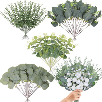Eucalyptus Stems Bulk 30 Pcs, 4 Kinds Mixed Artificial Silver Dollar Eucalyptus Leaves Bundle Faux Greenery Branches for Wedding Vase Bouquet Floral Arrangement Centerpiece Home Decor
