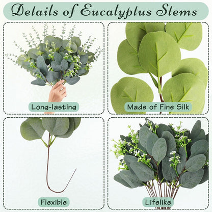 Eucalyptus Stems Bulk 30 Pcs, 4 Kinds Mixed Artificial Silver Dollar Eucalyptus Leaves Bundle Faux Greenery Branches for Wedding Vase Bouquet Floral Arrangement Centerpiece Home Decor