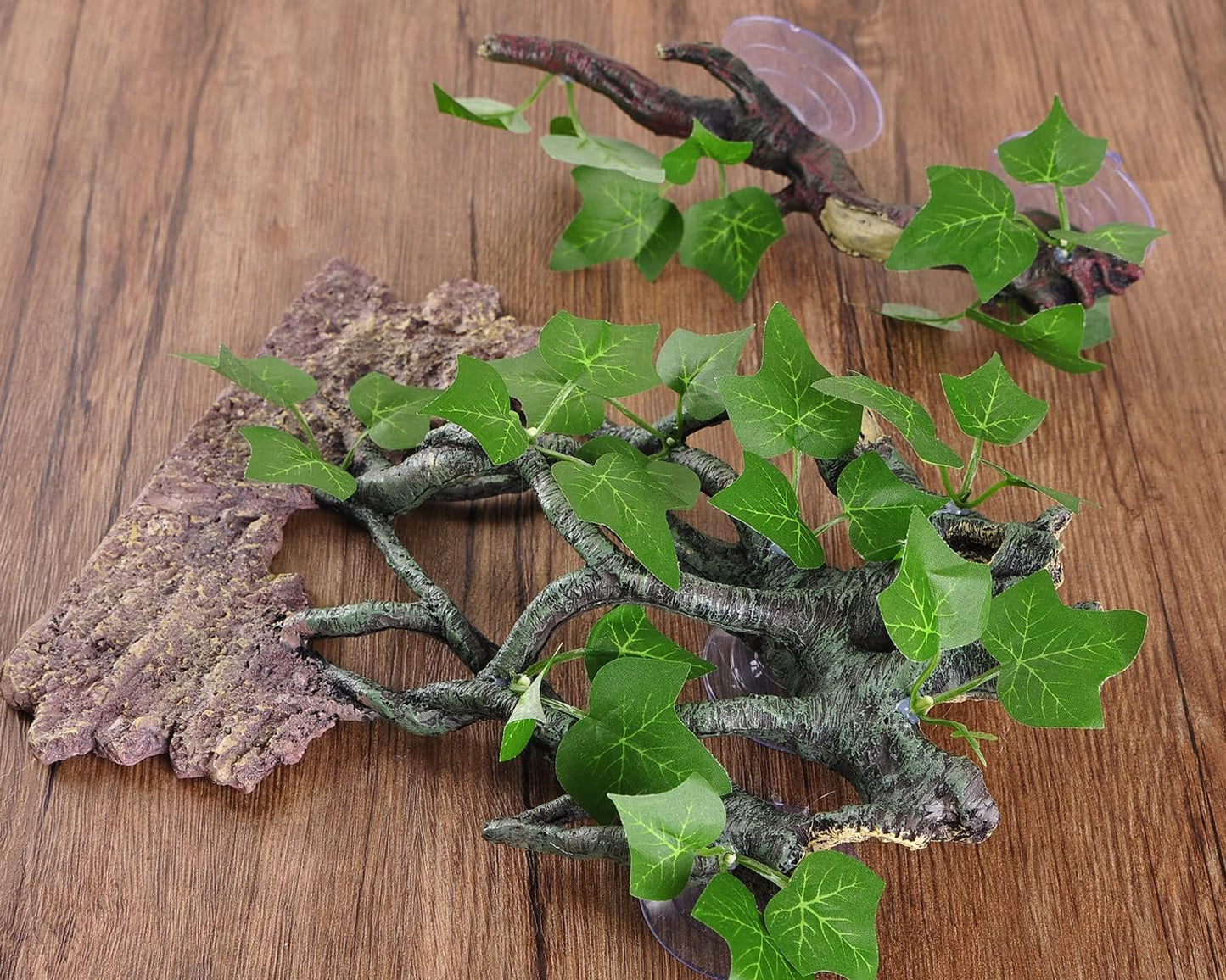 Resin Reptile Corner Branch with Rock, Amphibian Lizard Snake Climbing Ornament, Lifelike Terrarium Plant Decoration with Suction Cup
