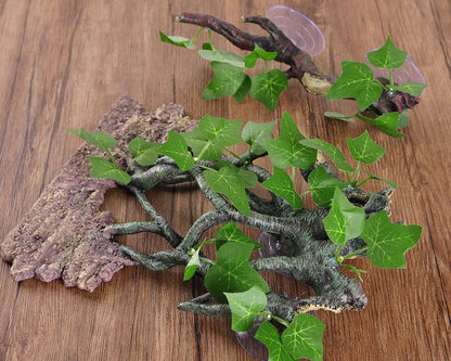 Resin Reptile Corner Branch with Rock, Amphibian Lizard Snake Climbing Ornament, Lifelike Terrarium Plant Decoration with Suction Cup