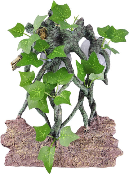 Resin Reptile Corner Branch with Rock, Amphibian Lizard Snake Climbing Ornament, Lifelike Terrarium Plant Decoration with Suction Cup