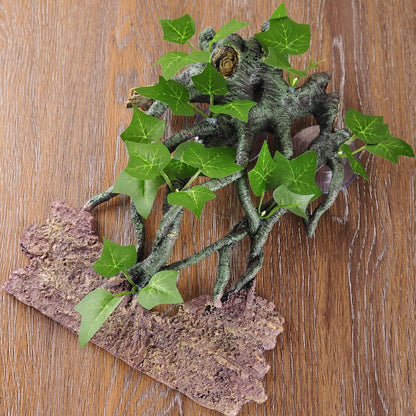 Resin Reptile Corner Branch with Rock, Amphibian Lizard Snake Climbing Ornament, Lifelike Terrarium Plant Decoration with Suction Cup