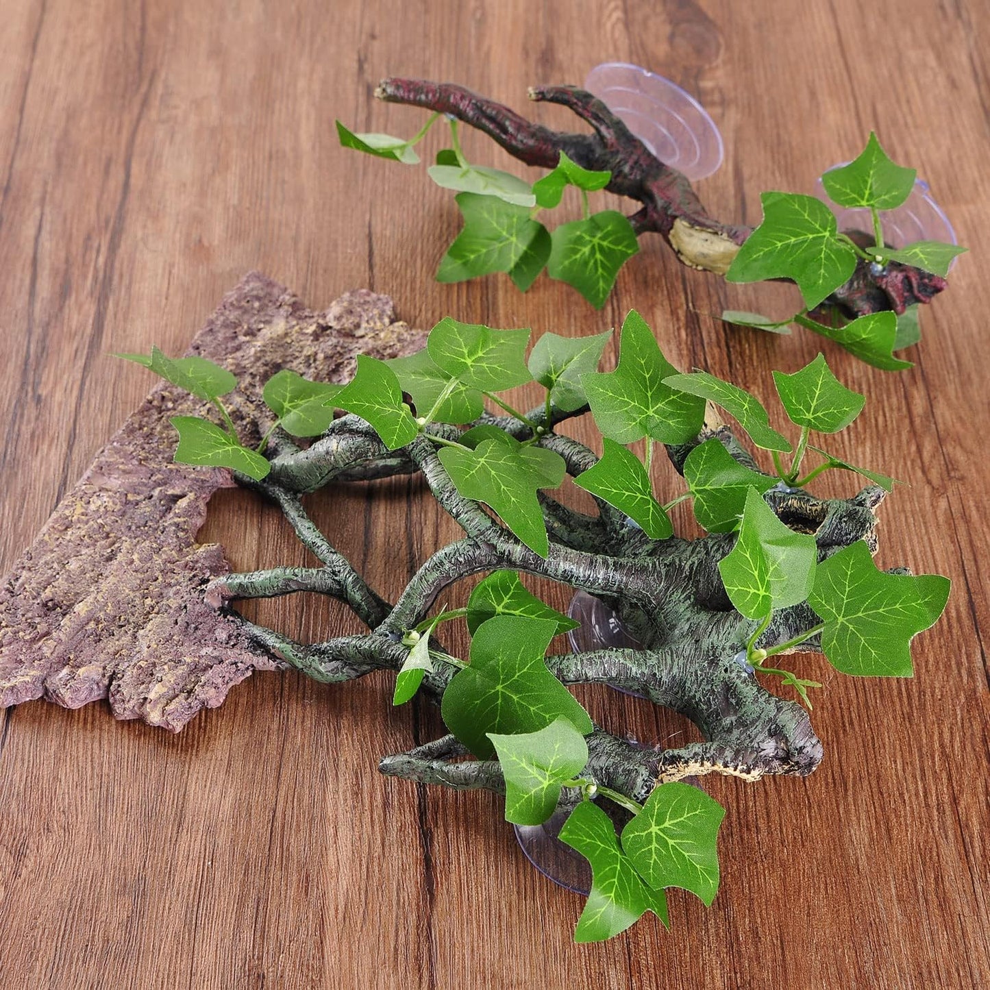 Resin Reptile Corner Branch with Rock, Amphibian Lizard Snake Climbing Ornament, Lifelike Terrarium Plant Decoration with Suction Cup