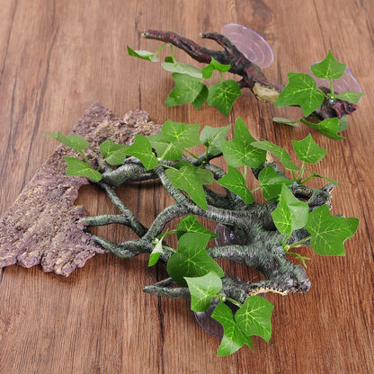 Resin Reptile Corner Branch with Rock, Amphibian Lizard Snake Climbing Ornament, Lifelike Terrarium Plant Decoration with Suction Cup