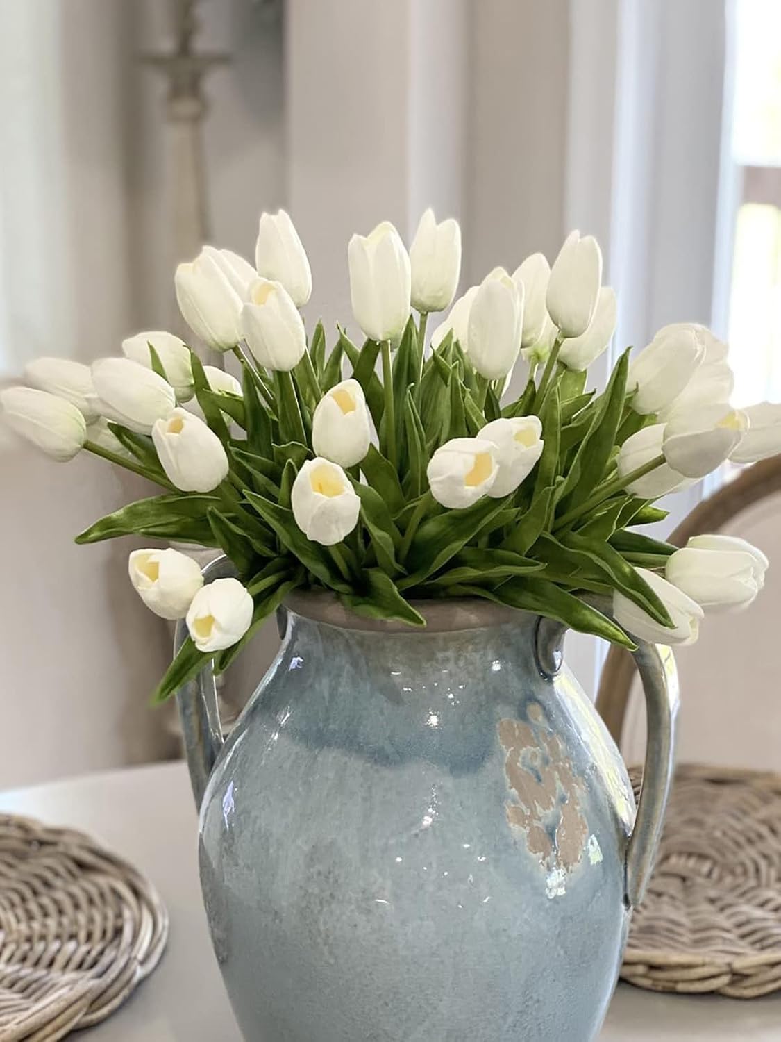 White Tulips Artificial Flowers Faux Silk Tulip Real Touch Tulip Fake Flowers Bouquets Arrangements for Mother's Day Easter Spring Flowers Gifts Home Table Decor