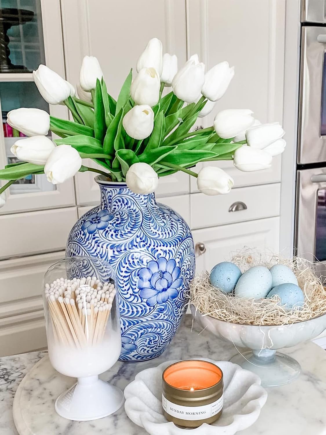 White Tulips Artificial Flowers Faux Silk Tulip Real Touch Tulip Fake Flowers Bouquets Arrangements for Mother's Day Easter Spring Flowers Gifts Home Table Decor