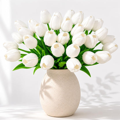 White Tulips Artificial Flowers Faux Silk Tulip Real Touch Tulip Fake Flowers Bouquets Arrangements for Mother's Day Easter Spring Flowers Gifts Home Table Decor