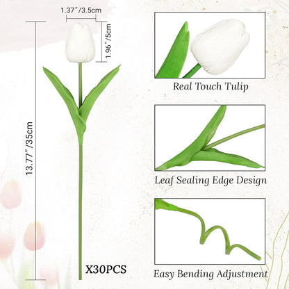 White Tulips Artificial Flowers Faux Silk Tulip Real Touch Tulip Fake Flowers Bouquets Arrangements for Mother's Day Easter Spring Flowers Gifts Home Table Decor
