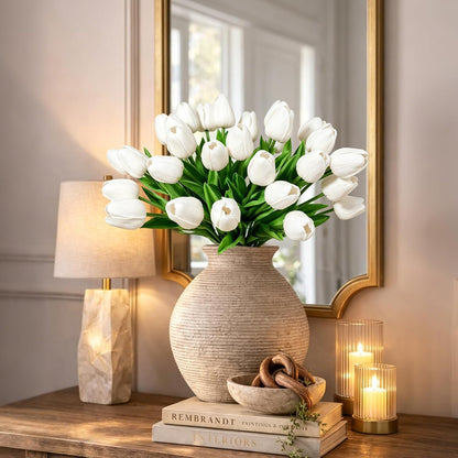 White Tulips Artificial Flowers Faux Silk Tulip Real Touch Tulip Fake Flowers Bouquets Arrangements for Mother's Day Easter Spring Flowers Gifts Home Table Decor