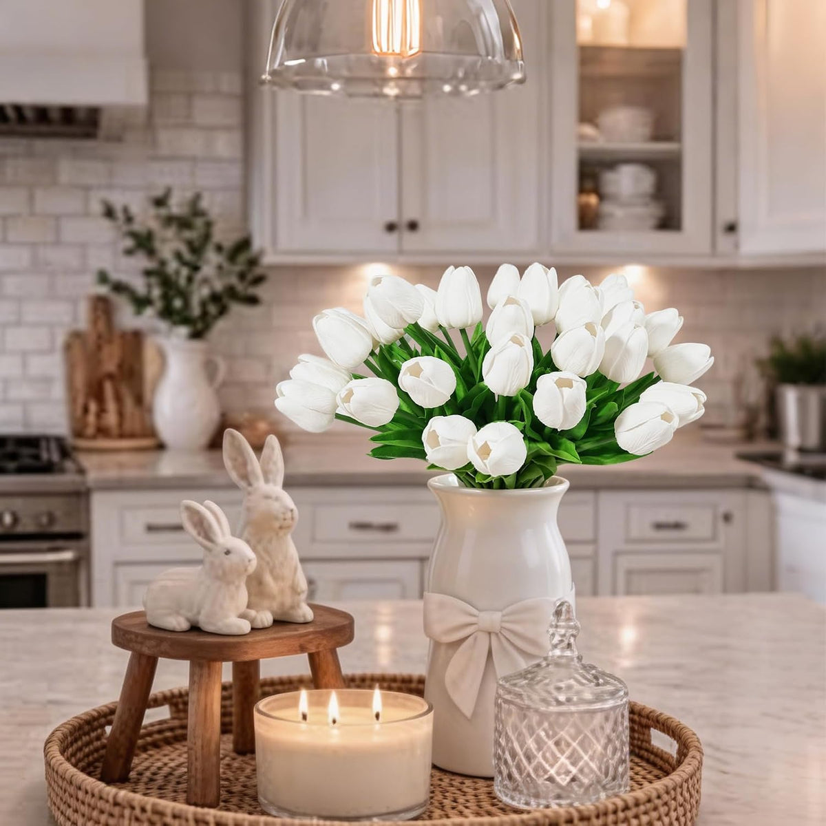 White Tulips Artificial Flowers Faux Silk Tulip Real Touch Tulip Fake Flowers Bouquets Arrangements for Mother's Day Easter Spring Flowers Gifts Home Table Decor